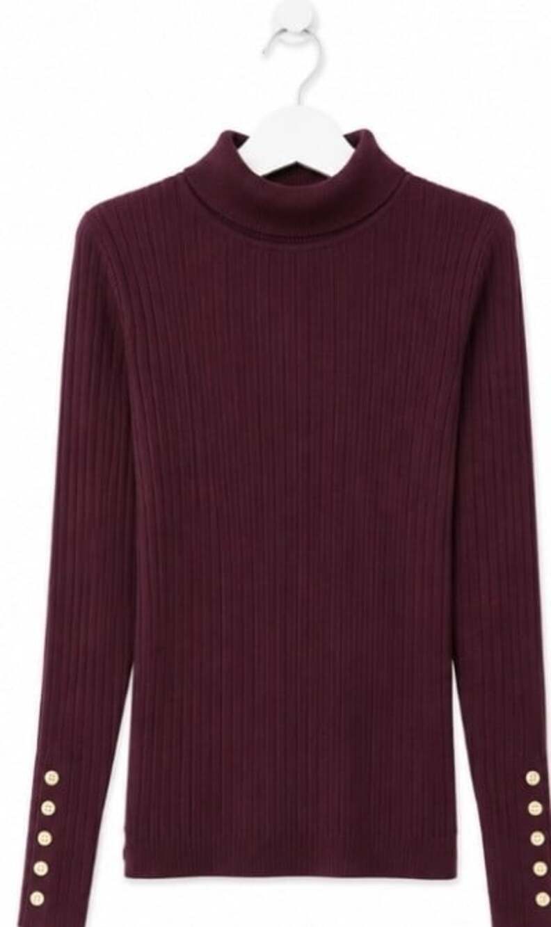 Calvin Klein Merlot Ribbed Knit Turtleneck Sweater Cuff Buttons NWT Sz M New T30 - Picture 2 of 7